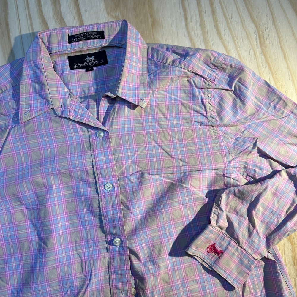 Johnathan Stewart Womens 16 Pink Blue Plaid Cotton Button Down Shirt Logo Cuff